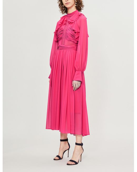 Self-Portrait Pink Flared Chiffon Midi Dress