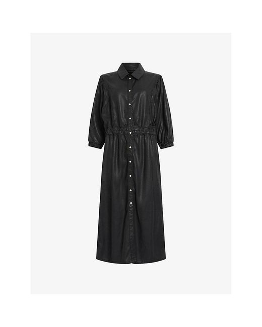 AllSaints Black Osa Coated Lyocell Midi Dress