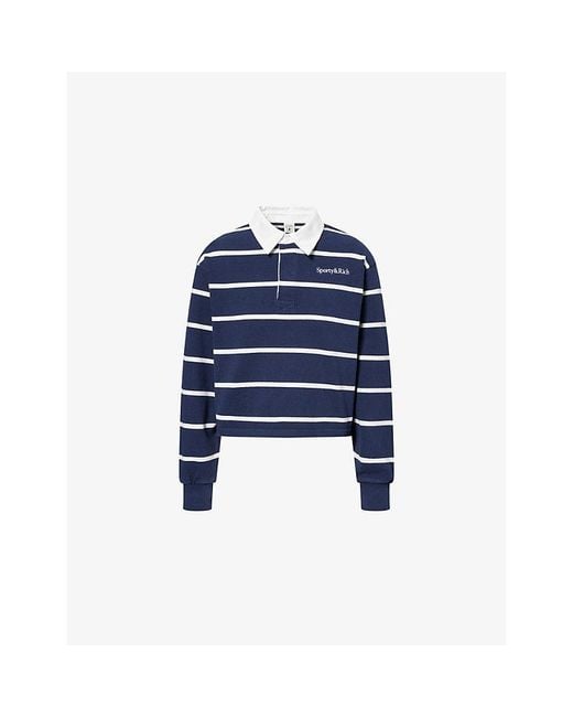Sporty & Rich Blue Striped Embroidered-Logo Cotton Polo Shirt
