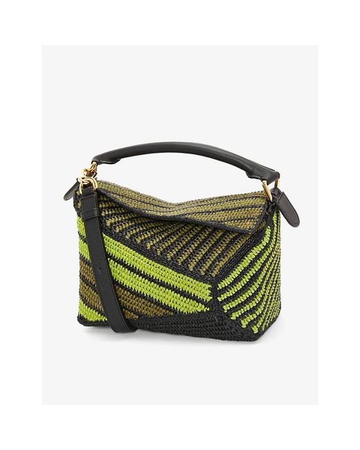 Loewe Green X Paula's Ibiza Puzzle Edge Small Striped Raffia Shoulder Bag