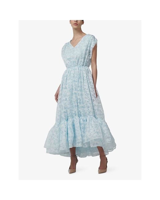 eem Blue Floral-Devoré Ruffled-Hem Woven Midi Dress