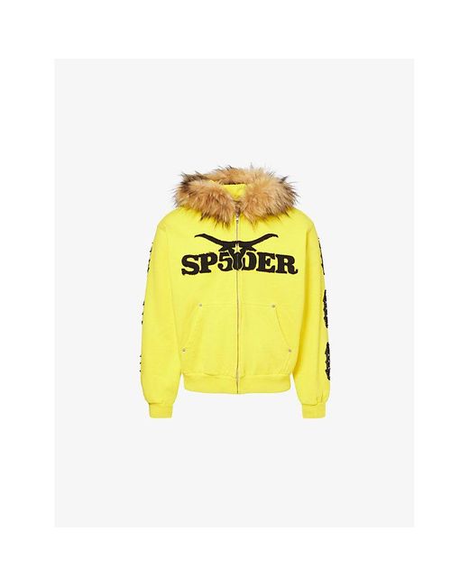 Sp5der Yellow Faux-Fur Hood Branded Cotton-Jersey Hoody for men