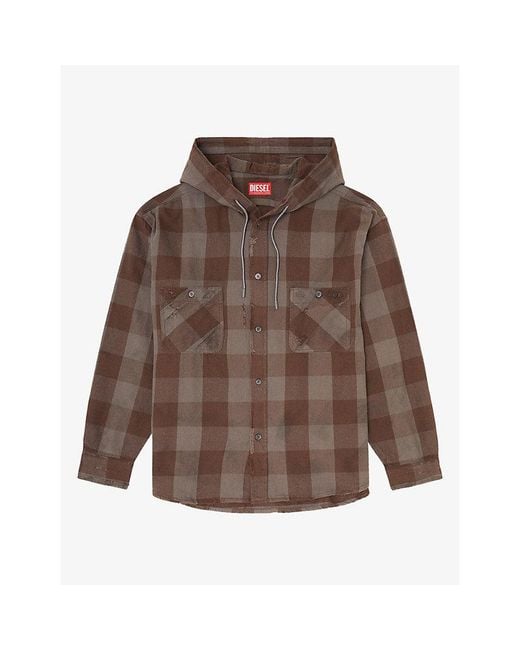 DIESEL Brown Distressed Check-Flannel Cotton Hooded Shirt for men
