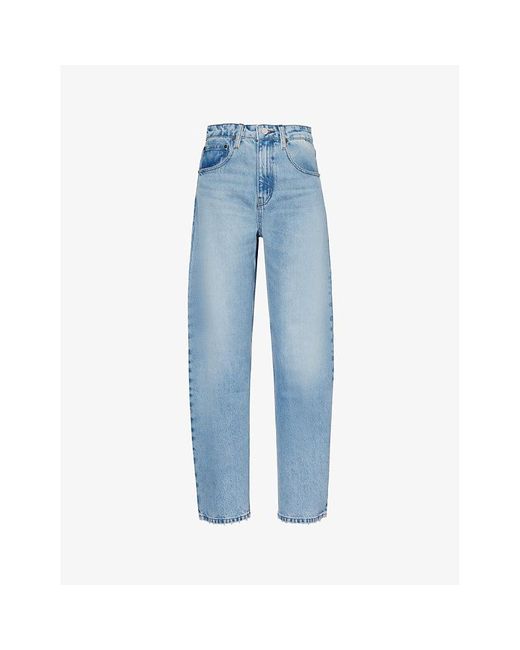 FRAME Blue Brand-patch Contrast-stitch Barrel-leg Mid-rise Recycled Denim-blend Jeans
