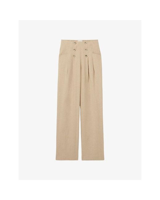 Claudie Pierlot Natural Wide-Leg Button-Front Linen-Blend Trousers