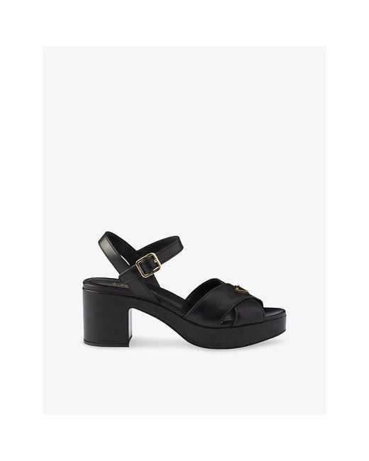 Prada Black Logo-Plaque Platform Leather Heeled Sandals