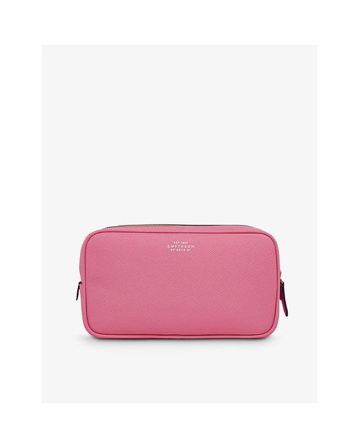 Smythson Panama Logo-embossed Double-zip Leather Wash Bag in Pink