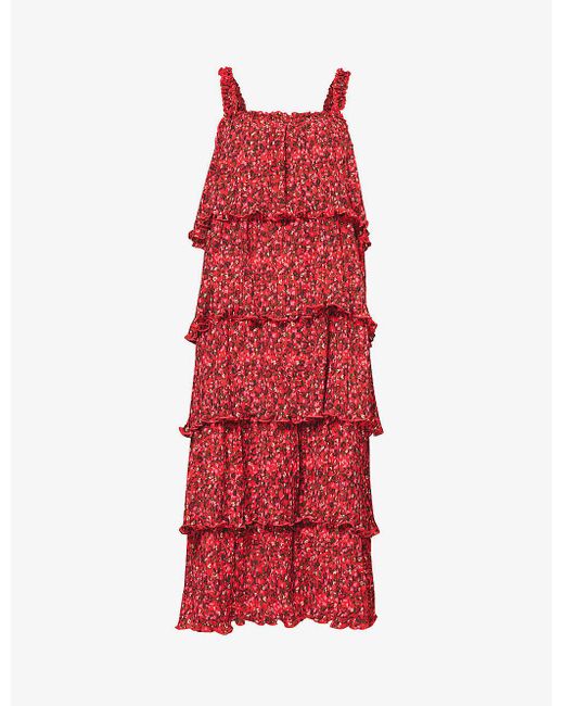 Ganni Red Flounce Floral-pattern Recycled-polyester Midi Dress