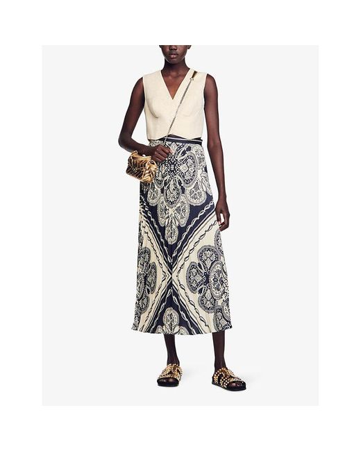 Sandro Gray Henne Bandana-pattern Pleated Woven Maxi Skirt