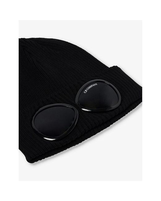 C P Company Black goggle Folded-brim Cotton Beanie for men