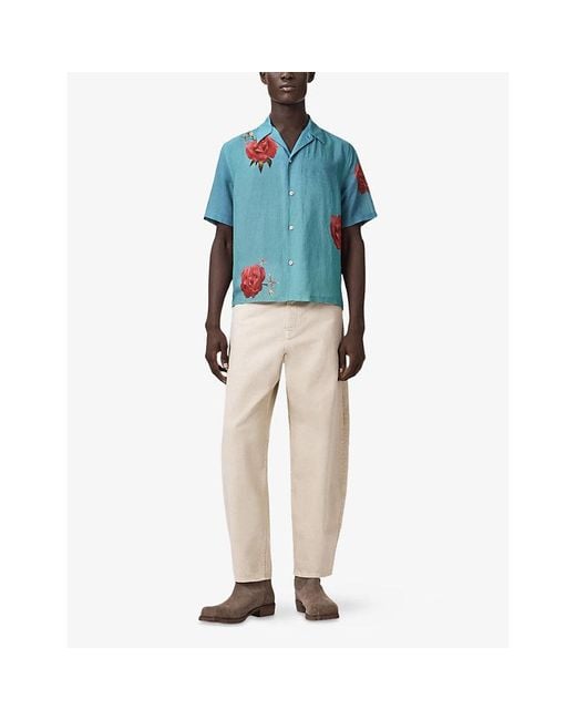 AllSaints Blue Fleur Faze Floral-Print Linen-Blend Shirt for men