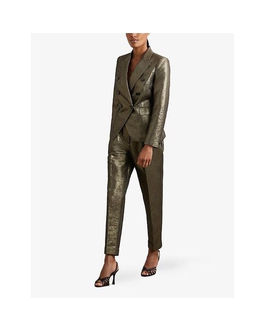 Reiss Green Sienna Metallic Double-Breasted Cotton-Blend Blazer