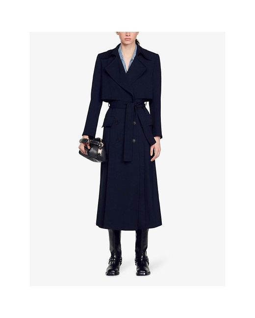 Sandro Blue Oversized-lapel Belted Woven Trench Coat