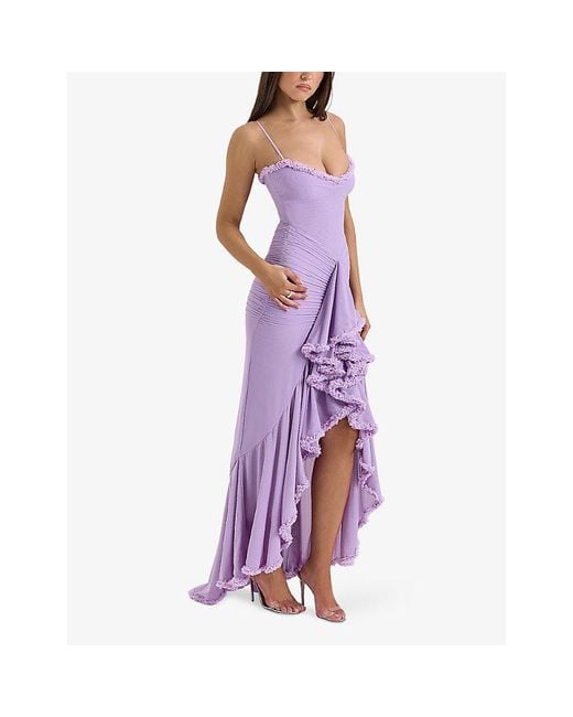 House Of Cb Purple Gabbi Ruffle-Front Slim-Fit Stretch-Mesh Maxi Dress