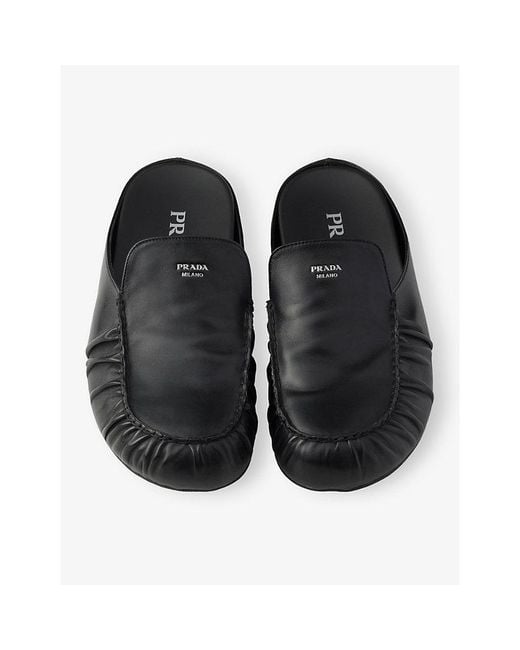 Prada Black Logo-Print Leather Mules for men