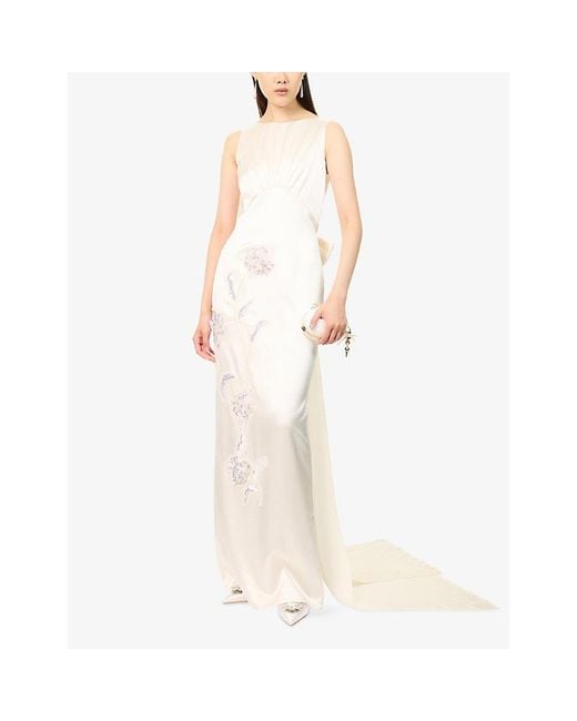 Huishan Zhang White Rosa Floral-Embroidered Satin Gown