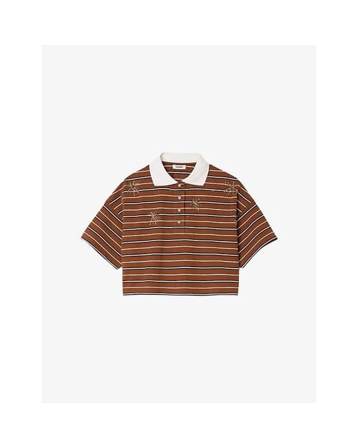 Sandro Brown Striped Polo-Collar Cotton-Jersey T-Shirt