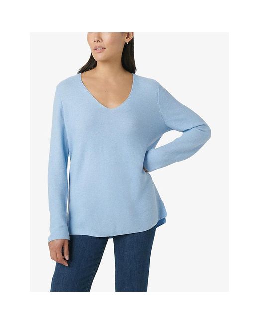 The White Company Blue V-Neck Buttoned Wool-Blend Jumper