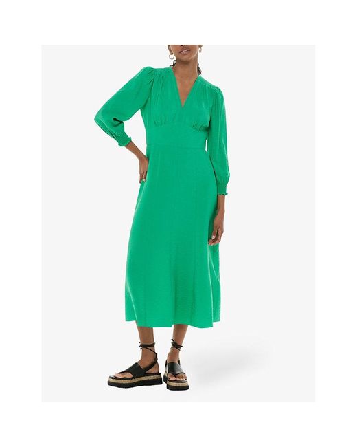 Whistles Green Sula V-neck Long-sleeve Woven Midi Dress