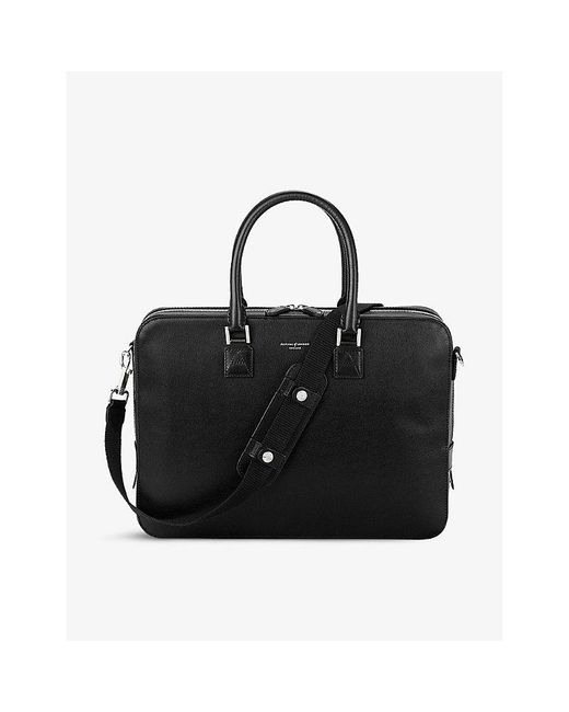 Aspinal Black Mount Street Logo-Embellished Leather Laptop Bag for men