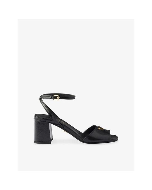 Prada Black Triangle-Logo Leather Heeled Sandals