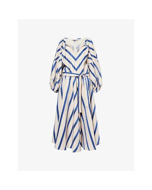 Palmer//Harding Blue Sonnet Chevron-Stripe Linen-Blend Midi Dress