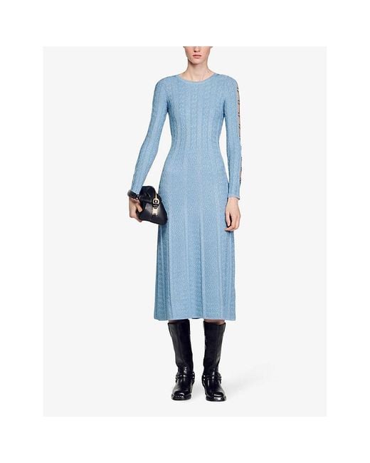 Sandro Blue Eyelet-embellished Long-sleeve Stretch-knit Midi Dress