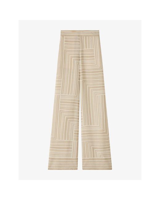 Joseph Natural Dijon Grid-Print Wide-Leg Silk Trousers