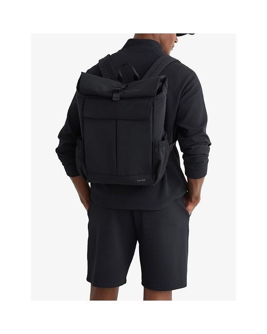 Reiss Black Roll-Top Branded Woven Backpack for men