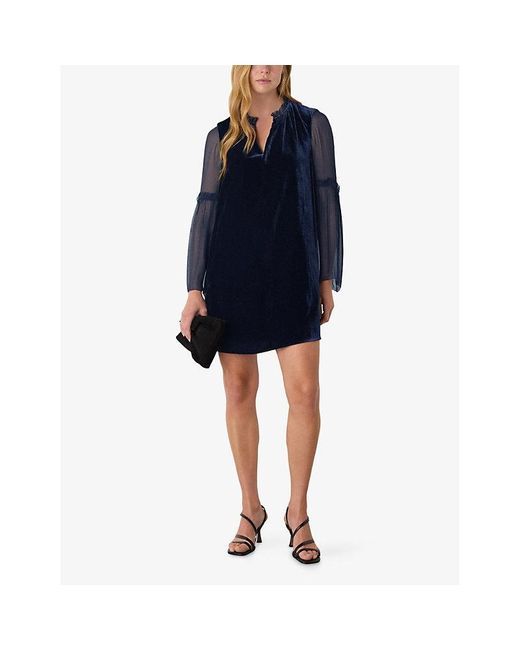 Whistles Blue Frill-Neck Sheer-Sleeve Velvet Mini Dress