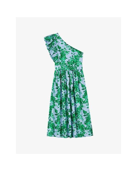 L.K.Bennett Green Maud Garden-print One-shoulder Cotton Midi Dress