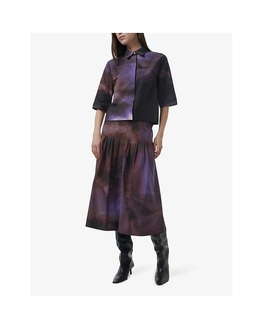 eem Purple Printed Belted Cotton Midi Skirt