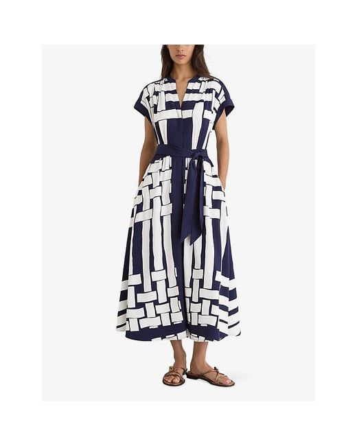 Reiss Blue Samira Scarf-Print Belted Midi Dress
