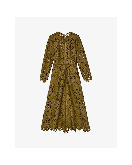 LK Bennett Gracie Velvet-Trim Lace-Embroidered Woven Midi Dress in Green |  Lyst