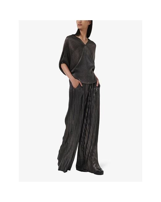 eem Black V-Neck Batwing-Sleeve Plisse Woven Top