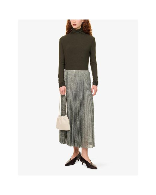 Vince Gray Houndstooth-Print Pleated Woven Midi Skirt