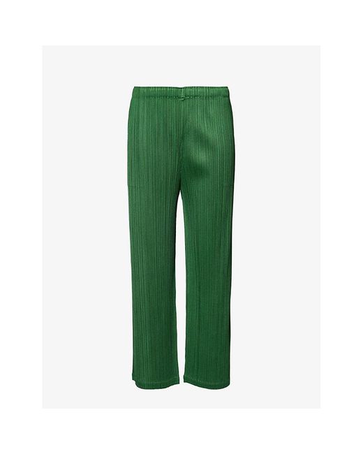 Pleats Please Issey Miyake Green Pleated Straight-leg Mid-rise Knitted Trousers