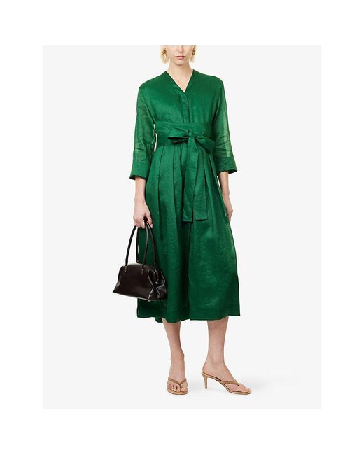 Max Mara Green Ramie Pleated Woven Midi Dress