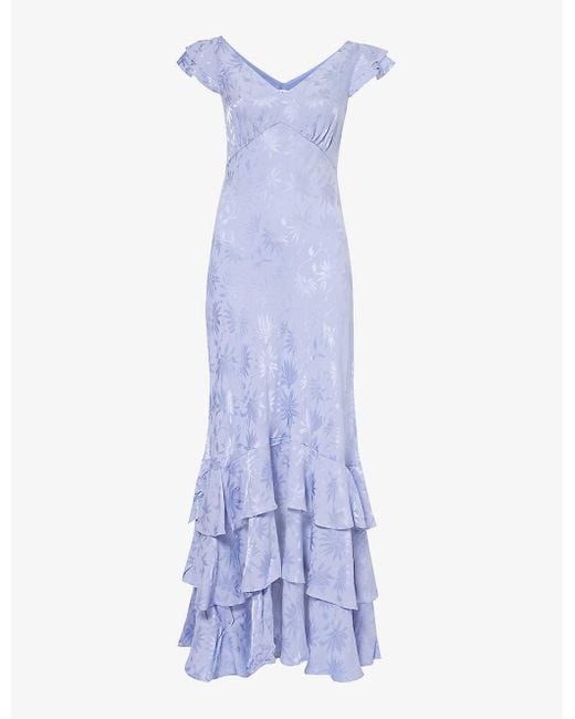 Rixo Blue Ossy V-neck Ruffled-hem Floral-jacquard Satin Maxi Dress