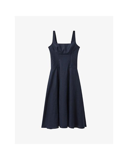 Reiss Blue Etta Corset-stitching Linen Midi Dress