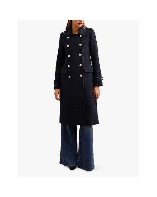 Reiss Blue Farley Double-Breasted Wool-Blend Coat