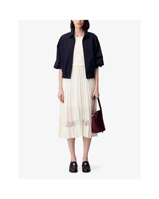 Claudie Pierlot White Lace-Insert Pleated Cotton Midi Dress