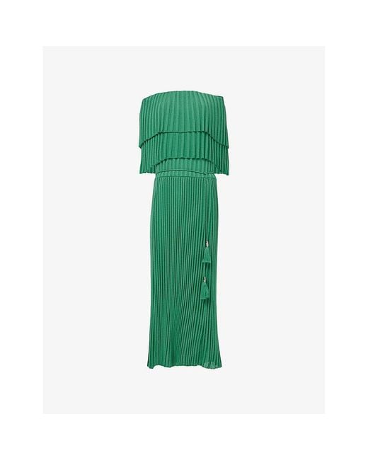 eem Green Off-Shoulder Pleat Woven Midi Dress