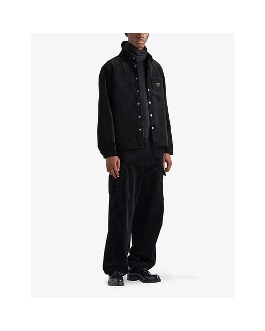 Prada Logo-Plaque Long-Sleeved Cotton-Corduroy Shirt in Black for 