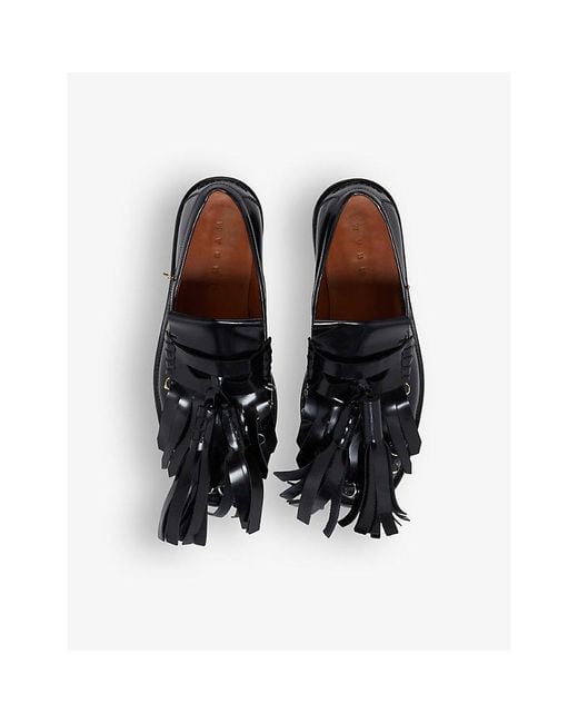Marni Black Fringed-trim Leather Moccasin Loafers