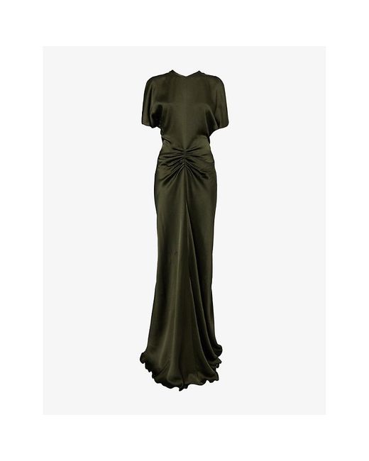 Victoria Beckham Green Split-Short-Sleeve Regular-Fit Woven Midi Dress