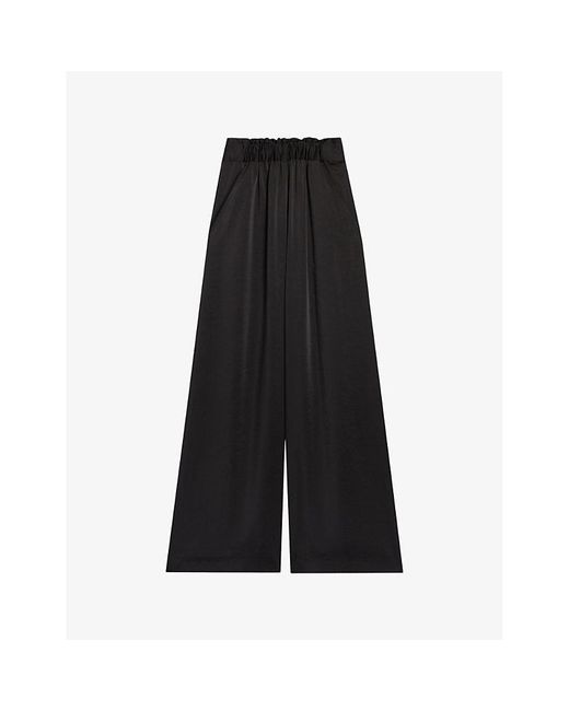 Claudie Pierlot Black Smocked-waistband Wide-leg Satin Trousers