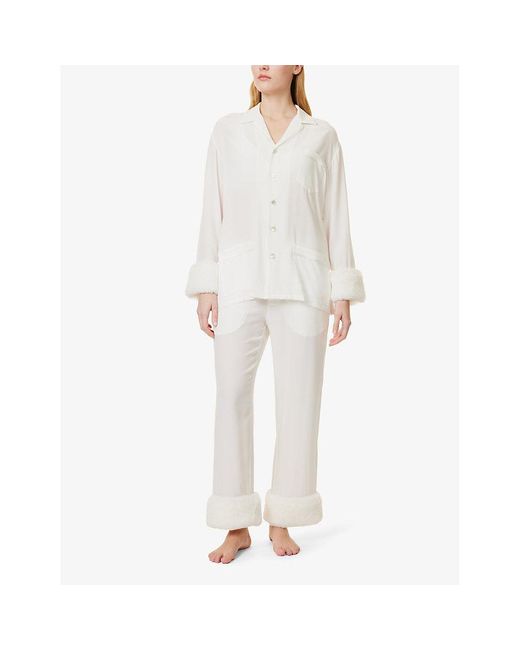 Olivia Von Halle Fifi Faux Fur Trim Silk Crepe Pyjamas in White Lyst UK
