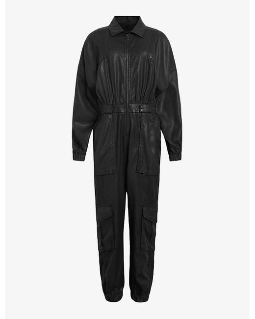 AllSaints Black Frieda Long-sleeve Relaxed-fit Coated Jumpsuit