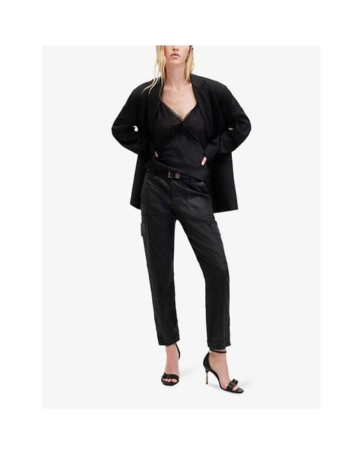 AllSaints Black Nola Slim-fit High-rise Stretch-coated Trousers